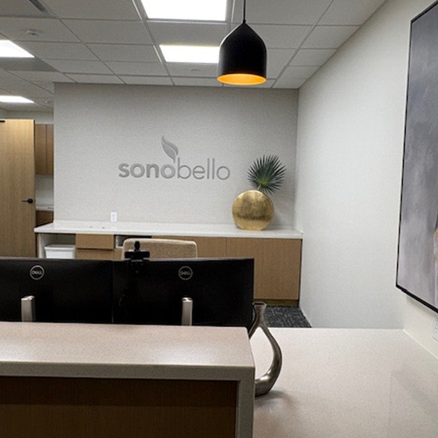 Reception area with two computer monitors, a painting on the wall, and a decorative vase on the counter.