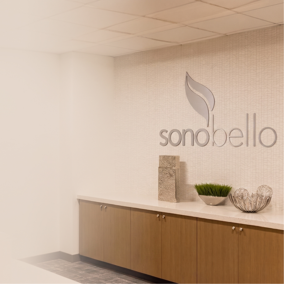 reception area with Sonobello logo on wall, wooden cabinets, decorative vase and greenery on counter